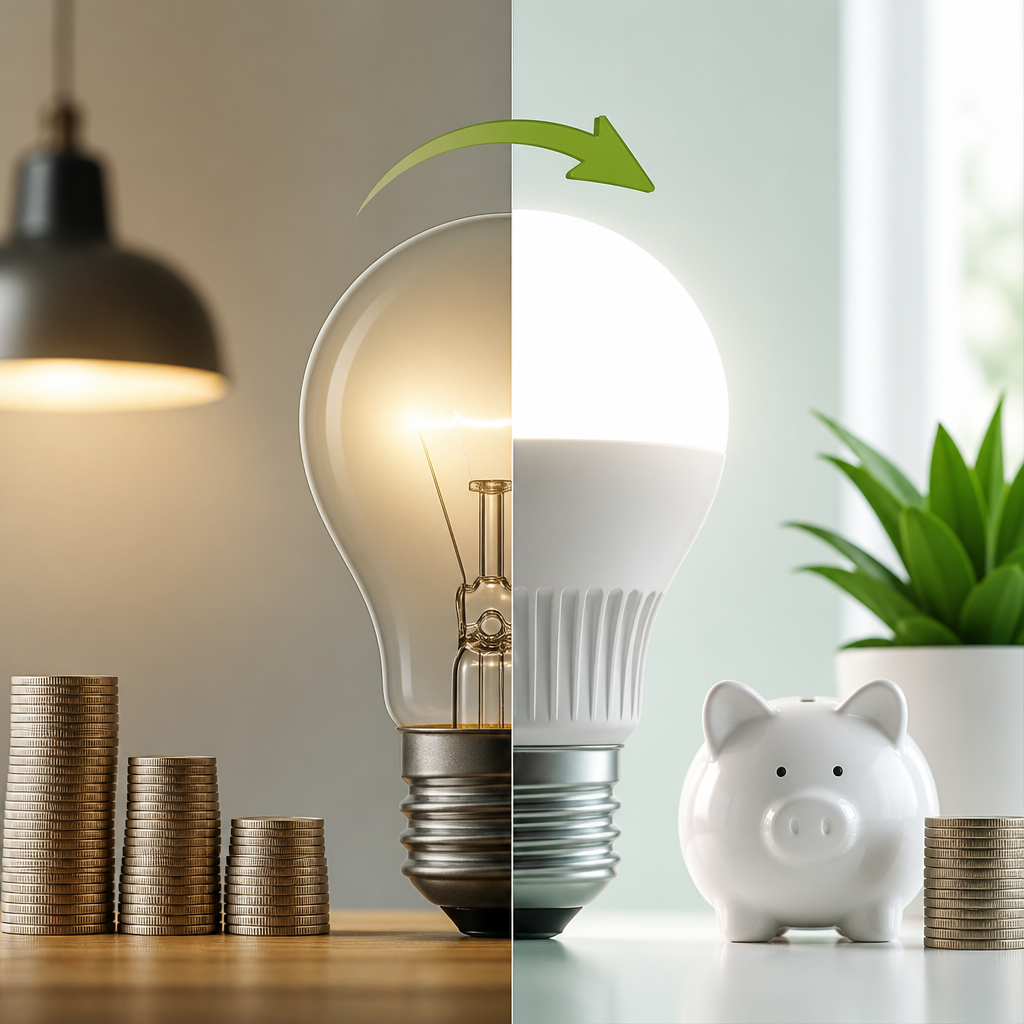 Editorial illustration for an article titled "Bright Ideas: How Switching to LED